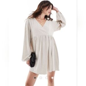 ASOS DESIGN linen effect v-neck mini smock dress in sand & black pinstripe